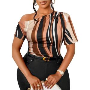 imageWomens Plus Size Off Shoulder Tops Tie Dye Short Sleeve Ruched T Shirt Slim Fit Elegant TeesBrown