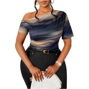 imageWomens Plus Size Off Shoulder Tops Tie Dye Short Sleeve Ruched T Shirt Slim Fit Elegant TeesDeep Blue