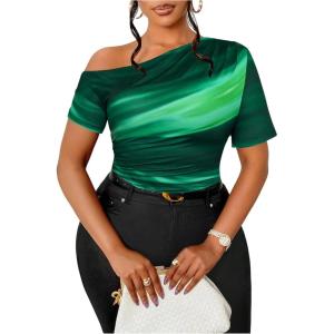 imageWomens Plus Size Off Shoulder Tops Tie Dye Short Sleeve Ruched T Shirt Slim Fit Elegant TeesGreen