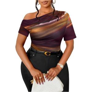 imageWomens Plus Size Off Shoulder Tops Tie Dye Short Sleeve Ruched T Shirt Slim Fit Elegant TeesPurple