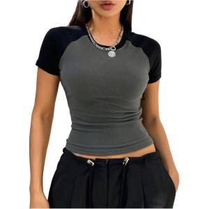 imageWomens Raglan Short Sleeve Color Block Baseball T Shirt Crew Neck Slim Fit Crop TopsGrey