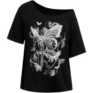 imageWomens Y2k Off The Shoulder Tees Goth Graphic Vintage Oversized Short Sleeve T Shirt StreetwearBlack