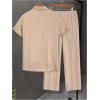 imageMens 2 Piece Outfits Short Sleeve Button Down Shirts Drawstring High Waisted Pants Vacation SetsApricot