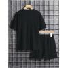 imageMens 2 Piece Outfits Textured Drop Shoulder T Shirt and Short Sets Summer Outfits TracksuitBlack