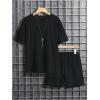 imageMens 2 Piece Outfits Textured Drop Shoulder T Shirt and Short Sets Summer Outfits TracksuitBlack