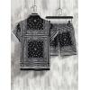 imageMens 2 Piece Summer Outfits Paisley Boho Short Sleeve Button Down Shirts and Short Sets TracksuitBlack