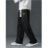 imageMens Baggy Pants Tie Front Drawstring Waist Corduroy Pants Casual Loose Straight Leg Pants TrousersBlack