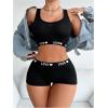 imageWomens 2 Piece Letter Print Lingerie Set Sleeveless Scoop Neck Sports Bras and Boyshorts SetBlack