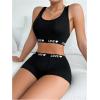 imageWomens 2 Piece Letter Print Lingerie Set Sleeveless Scoop Neck Sports Bras and Boyshorts SetBlack