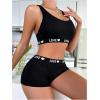 imageWomens 2 Piece Letter Print Lingerie Set Sleeveless Scoop Neck Sports Bras and Boyshorts SetBlack