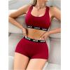 imageWomens 2 Piece Letter Print Lingerie Set Sleeveless Scoop Neck Sports Bras and Boyshorts SetBurgundy