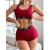 imageWomens 2 Piece Letter Print Lingerie Set Sleeveless Scoop Neck Sports Bras and Boyshorts SetBurgundy