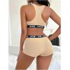 imageWomens 2 Piece Letter Print Lingerie Set Sleeveless Scoop Neck Sports Bras and Boyshorts SetKhaki