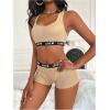 imageWomens 2 Piece Letter Print Lingerie Set Sleeveless Scoop Neck Sports Bras and Boyshorts SetKhaki