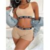 imageWomens 2 Piece Letter Print Lingerie Set Sleeveless Scoop Neck Sports Bras and Boyshorts SetKhaki