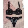 imageWomens 2 Piece Lingerie Set Floral Lace Mesh Underwire Push Up Lingerie Bra and Panty SetBlack