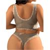 imageWomens Plus Size 2 Piece Ribbed Knit Lace Trim Bow Cut Out Crop Bra and Panties Lingerie SetGrey