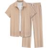 imageMens 2 Piece Outfits Short Sleeve Button Down Shirts Drawstring High Waisted Pants Vacation SetsApricot