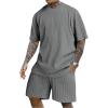 imageMens 2 Piece Outfits Textured Drop Shoulder T Shirt and Short Sets Summer Outfits TracksuitGrey