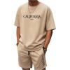 imageMens 2 Piece Summer Outfits Ombre Short Sleeve T Shirts Tops Drawstring Waist Track Shorts SetKhaki