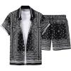 imageMens 2 Piece Summer Outfits Paisley Boho Short Sleeve Button Down Shirts and Short Sets TracksuitBlack