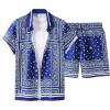 imageMens 2 Piece Summer Outfits Paisley Boho Short Sleeve Button Down Shirts and Short Sets TracksuitBlue