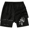 imageMens Graphic Shorts 2 in 1 Drawstring Waist Goth Gym Track Liner Cross Print Bottoms with PocketsBlack