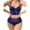 imageWomens 2 Piece Lace Bowknot Lingerie Sets Underwire Longline Bra Bustier and High Waisted Panty SetDark Blue