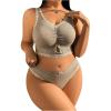 imageWomens Plus Size 2 Piece Ribbed Knit Lace Trim Bow Cut Out Crop Bra and Panties Lingerie SetGrey
