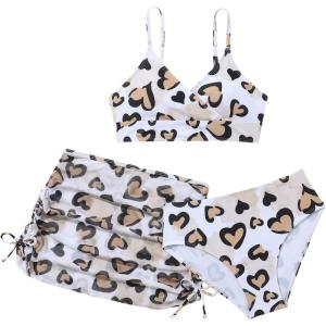 imageGirls 3 Pieces Swimsuit Set Graphic Heart Print High Waisted Bikini with Drawstring Skirts Cover UpMulticolor