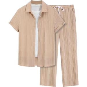 imageMens 2 Piece Outfits Short Sleeve Button Down Shirts Drawstring High Waisted Pants Vacation SetsApricot