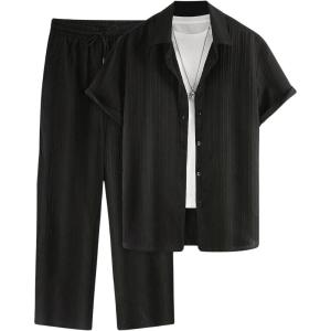 imageMens 2 Piece Outfits Short Sleeve Button Down Shirts Drawstring High Waisted Pants Vacation SetsBlack