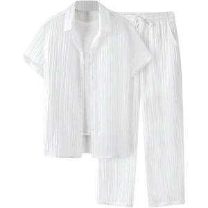 imageMens 2 Piece Outfits Short Sleeve Button Down Shirts Drawstring High Waisted Pants Vacation SetsWhite