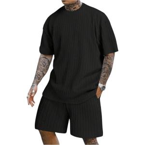 imageMens 2 Piece Outfits Textured Drop Shoulder T Shirt and Short Sets Summer Outfits TracksuitBlack