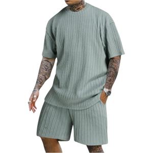 imageMens 2 Piece Outfits Textured Drop Shoulder T Shirt and Short Sets Summer Outfits TracksuitGreen