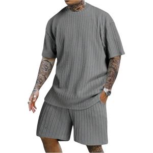 imageMens 2 Piece Outfits Textured Drop Shoulder T Shirt and Short Sets Summer Outfits TracksuitGrey