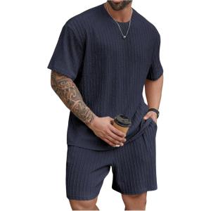 imageMens 2 Piece Outfits Textured Drop Shoulder T Shirt and Short Sets Summer Outfits TracksuitPlus Deep Blue