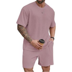 imageMens 2 Piece Outfits Textured Drop Shoulder T Shirt and Short Sets Summer Outfits TracksuitPlus Pink