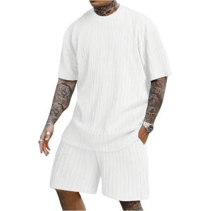 imageMens 2 Piece Outfits Textured Drop Shoulder T Shirt and Short Sets Summer Outfits TracksuitTextured White