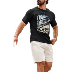 imageMens 2 Piece Summer Outfits Ombre Short Sleeve T Shirts Tops Drawstring Waist Track Shorts SetBeige and Black