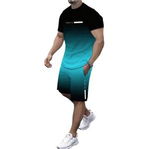 imageMens 2 Piece Summer Outfits Ombre Short Sleeve T Shirts Tops Drawstring Waist Track Shorts SetGrey Green