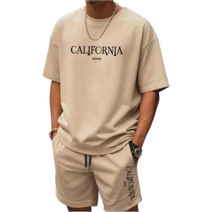 imageMens 2 Piece Summer Outfits Ombre Short Sleeve T Shirts Tops Drawstring Waist Track Shorts SetKhaki