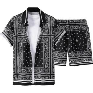 imageMens 2 Piece Summer Outfits Paisley Boho Short Sleeve Button Down Shirts and Short Sets TracksuitBlack
