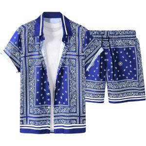 imageMens 2 Piece Summer Outfits Paisley Boho Short Sleeve Button Down Shirts and Short Sets TracksuitBlue