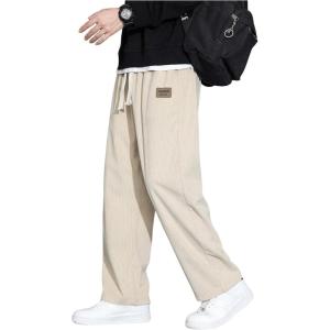 imageMens Baggy Pants Tie Front Drawstring Waist Corduroy Pants Casual Loose Straight Leg Pants TrousersApricot