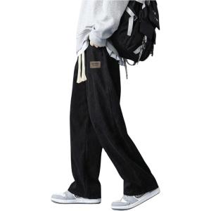 imageMens Baggy Pants Tie Front Drawstring Waist Corduroy Pants Casual Loose Straight Leg Pants TrousersBlack