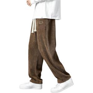 imageMens Baggy Pants Tie Front Drawstring Waist Corduroy Pants Casual Loose Straight Leg Pants TrousersCoffee Brown