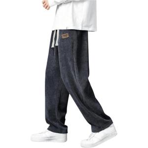 imageMens Baggy Pants Tie Front Drawstring Waist Corduroy Pants Casual Loose Straight Leg Pants TrousersDark Grey