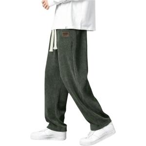 imageMens Baggy Pants Tie Front Drawstring Waist Corduroy Pants Casual Loose Straight Leg Pants TrousersGreen
