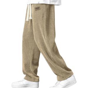 imageMens Baggy Pants Tie Front Drawstring Waist Corduroy Pants Casual Loose Straight Leg Pants TrousersKhaki